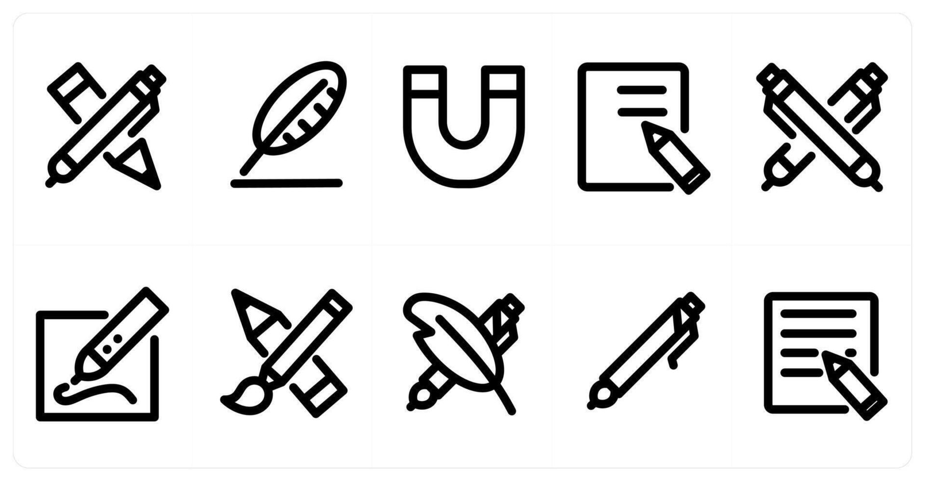 Set of 10 micro icons as stationery item, feather, magnet vector