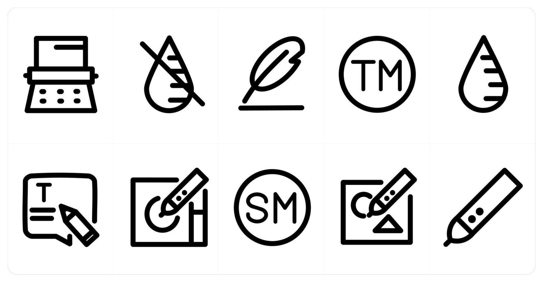 Set of 10 micro icons as typewriter, forbidden sign, feather vector
