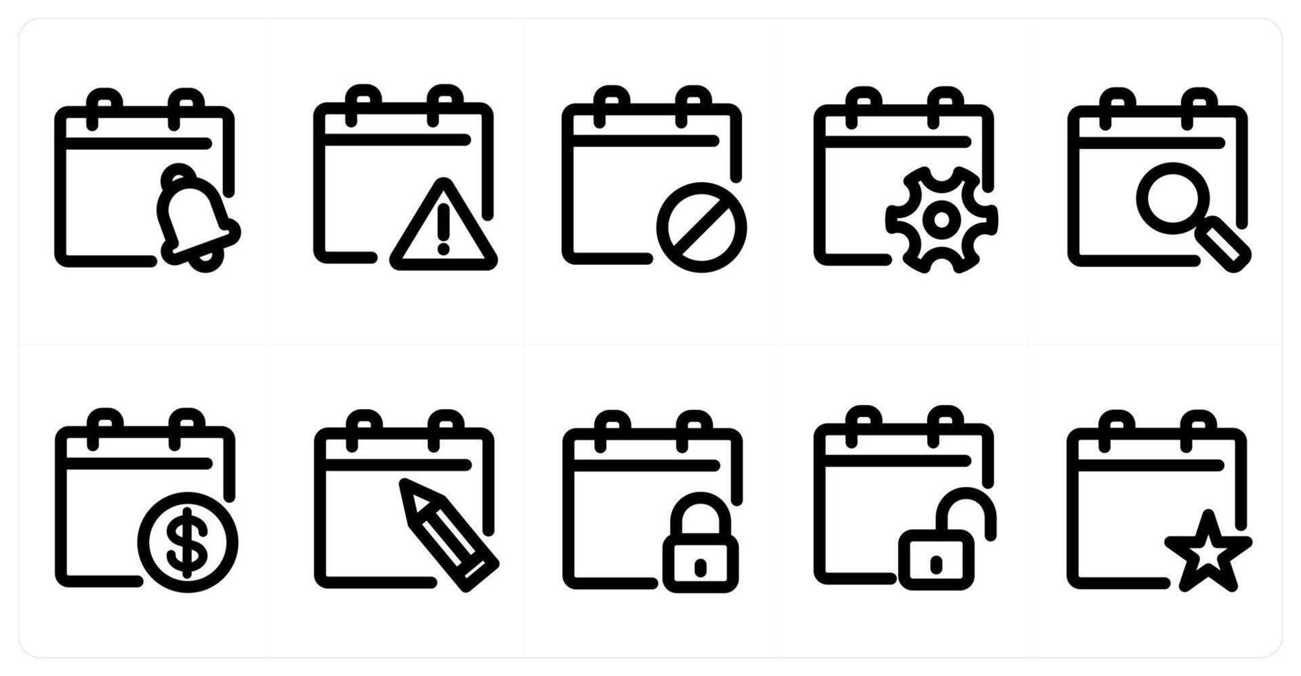 Set of 10 micro icons as notification calendar, prohibited calendar, alert calendar vector