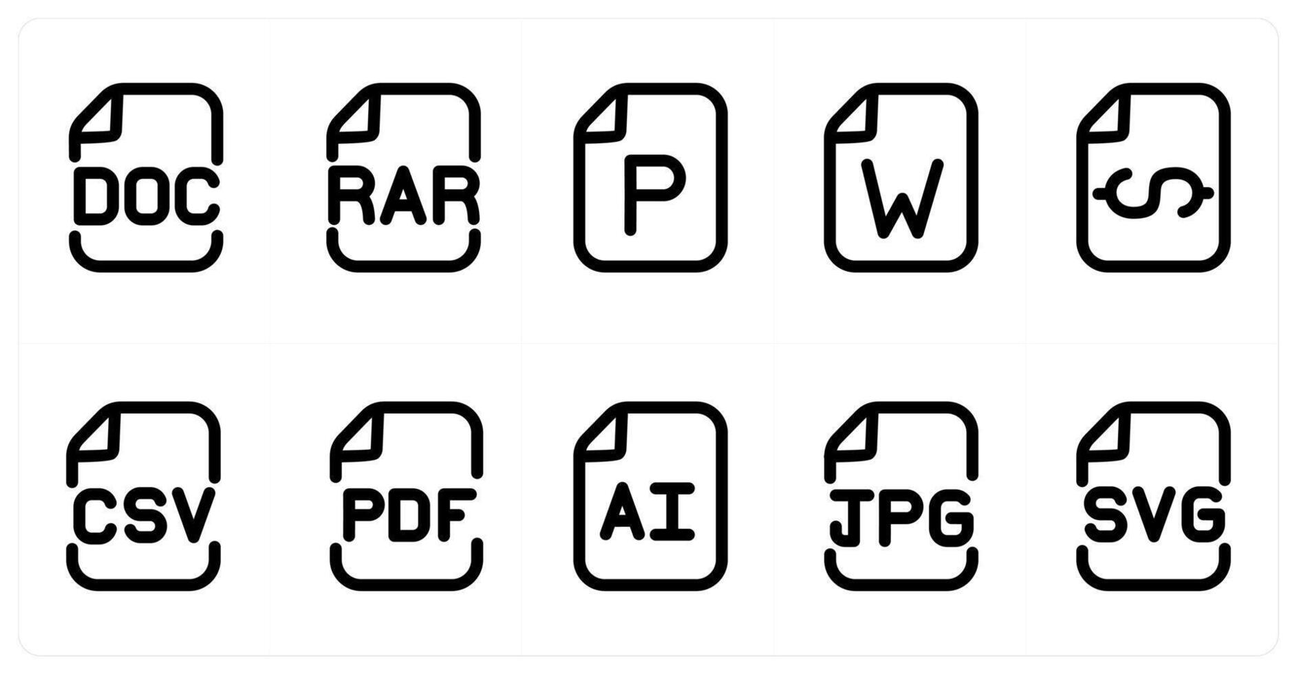 Set of 10 micro icons as doc file, rar file, p file vector
