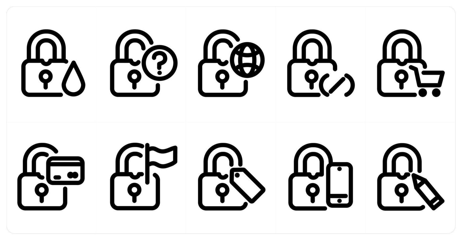 Set of 10 micro icons as lock, lock query, global lock vector