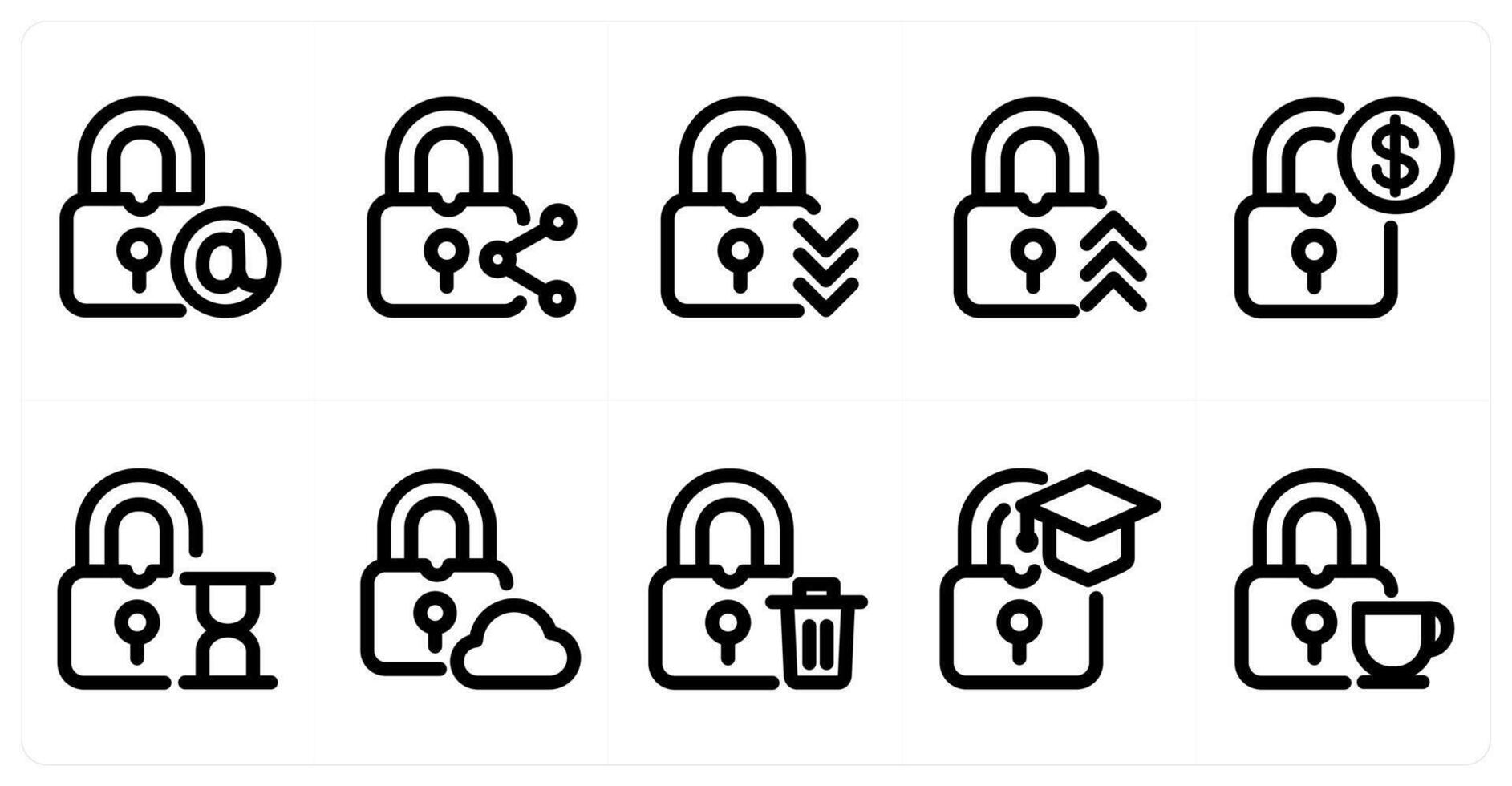 Set of 10 micro icons as email lock, share lock, lock vector
