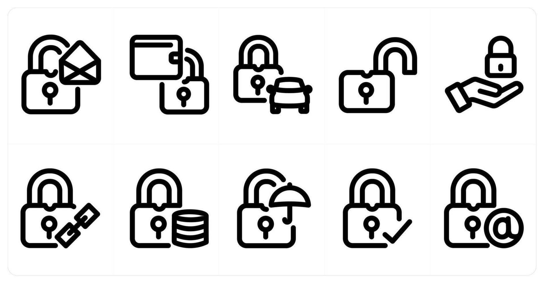 Set of 10 micro icons as lock message, lock wallet, car lock vector