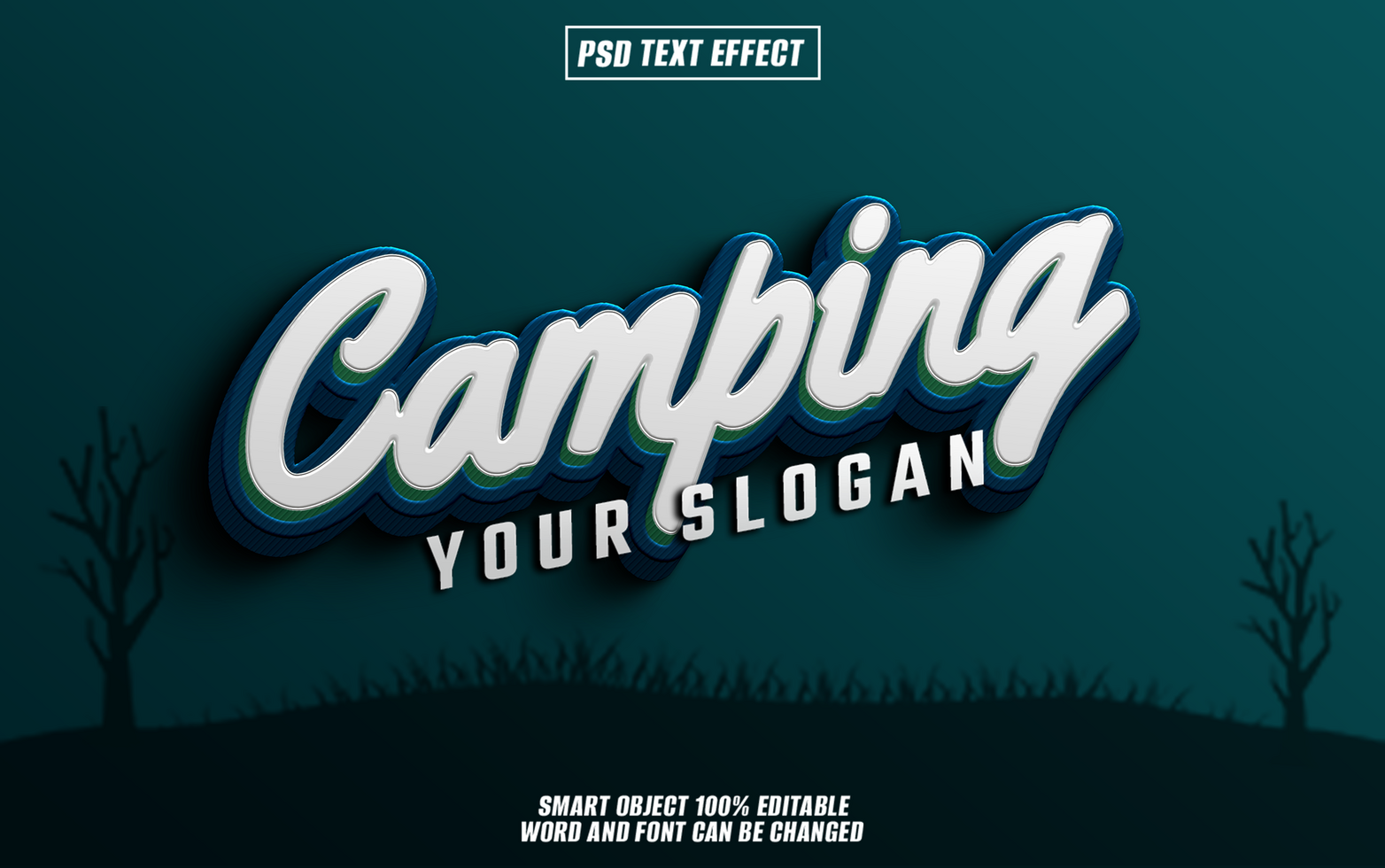 Camping text effect in blue and white against a nature scene, psd