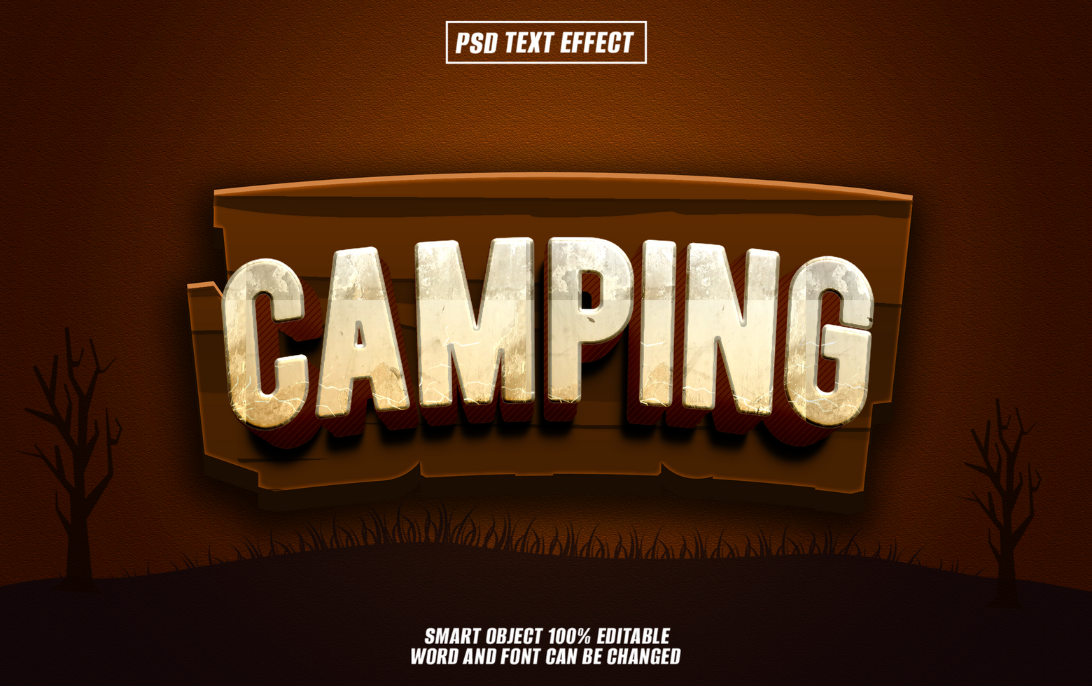Camping text effect with a wooden texture psd