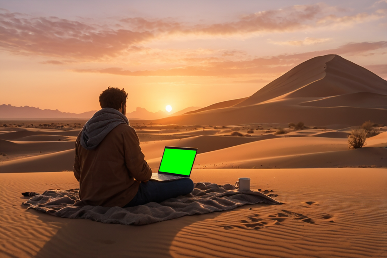 man in desert with laptop and green screen psd