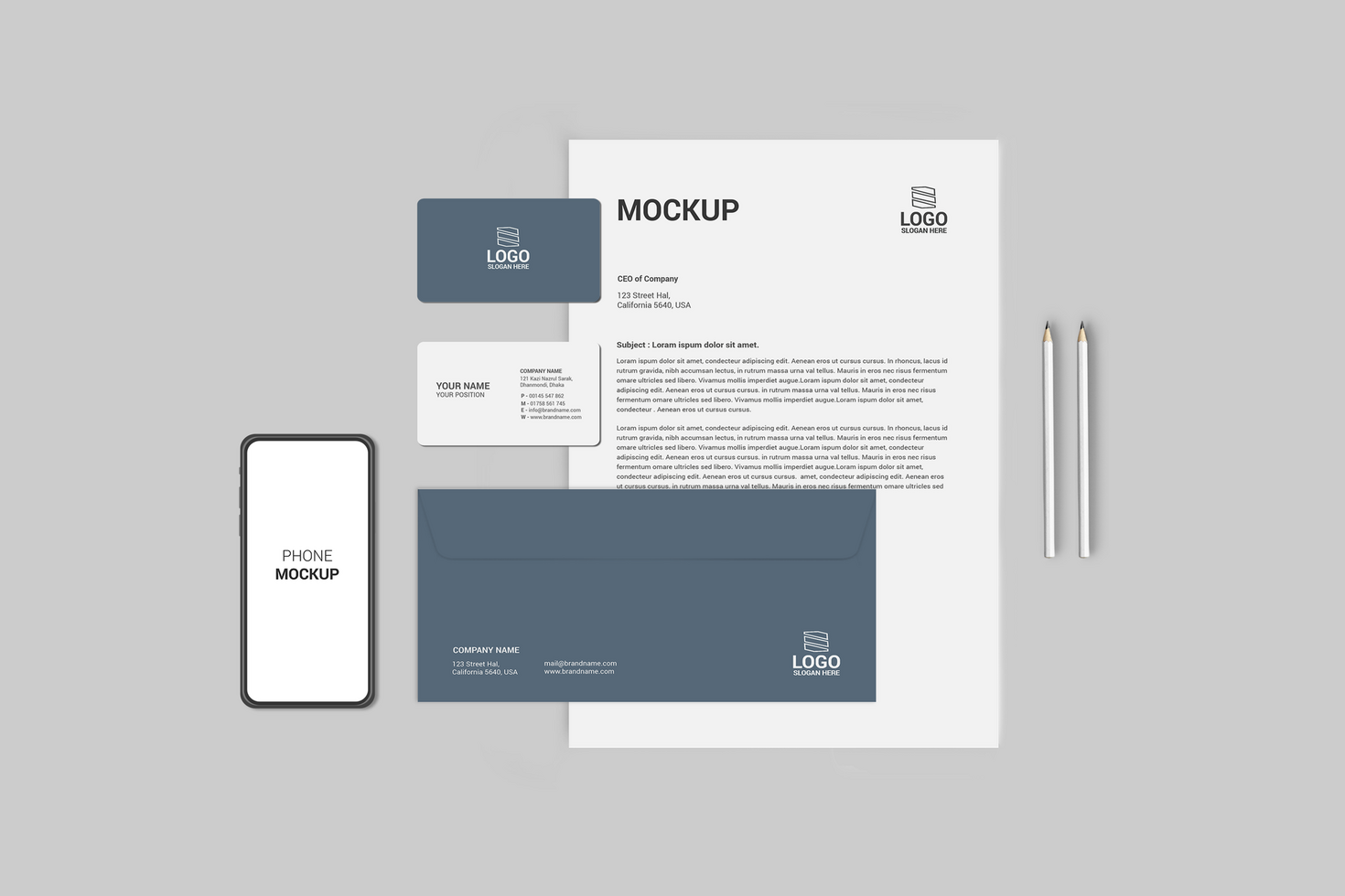 Front View Stationary Mockup Design psd