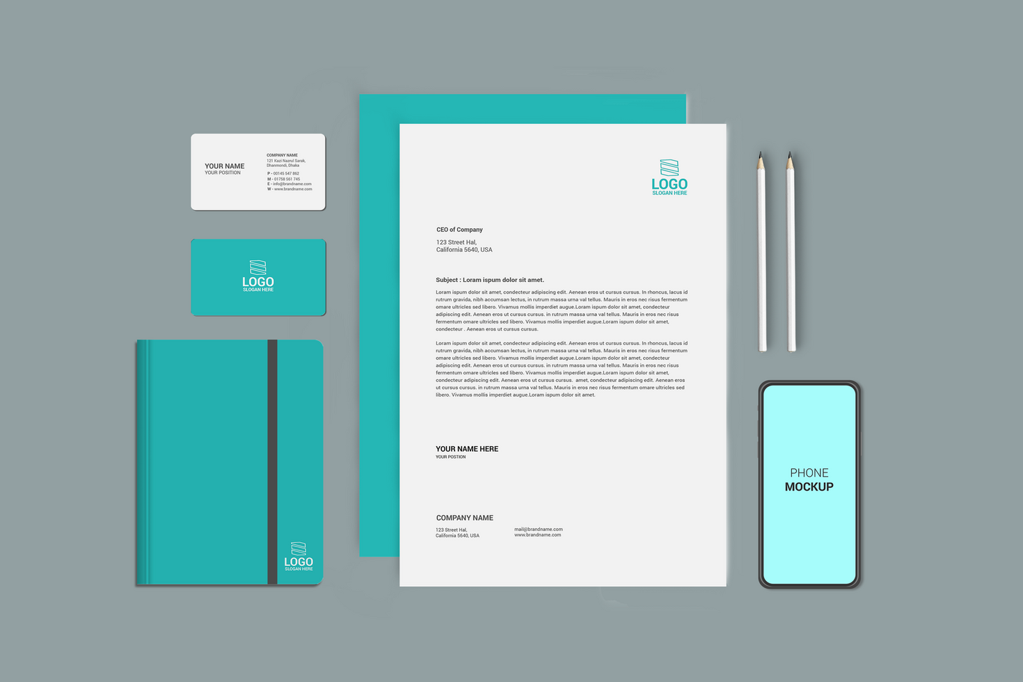 Letterhead Folder Notebook and Phone Mockup psd