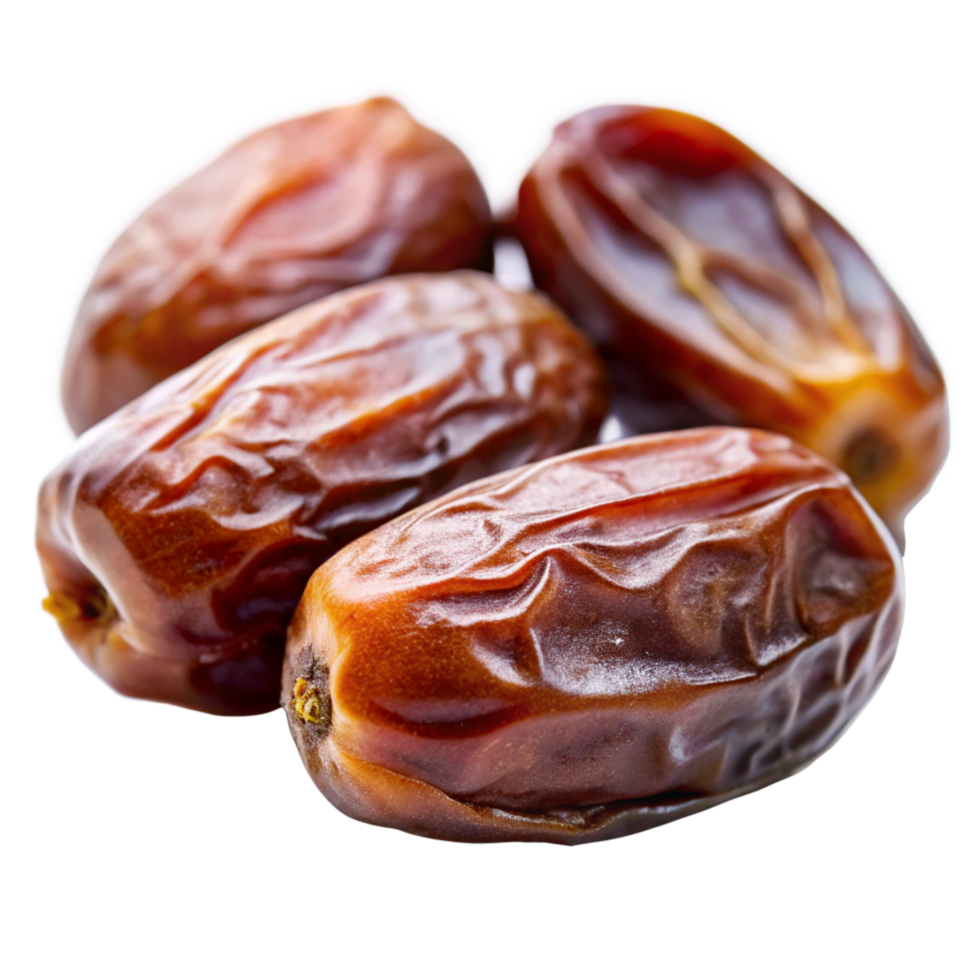 Closeup of four delicious Medjool dates fruit showing rich brown color and wrinkled texture png