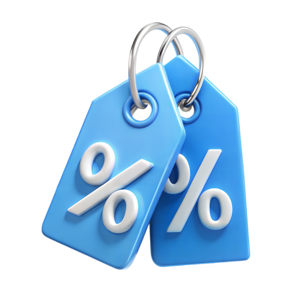 Two Blue Discount Tags with Percentage Symbols 3D Render png