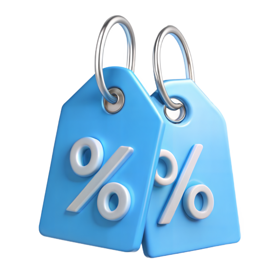 3D Render of Two Light Blue Sale Tags with Percentage Symbols png