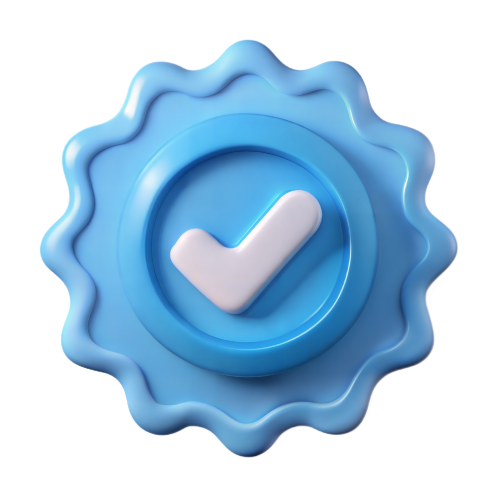 3D Render of a Blue Wavy Badge with a White Check Mark Representing Approval Certification Success Completion png