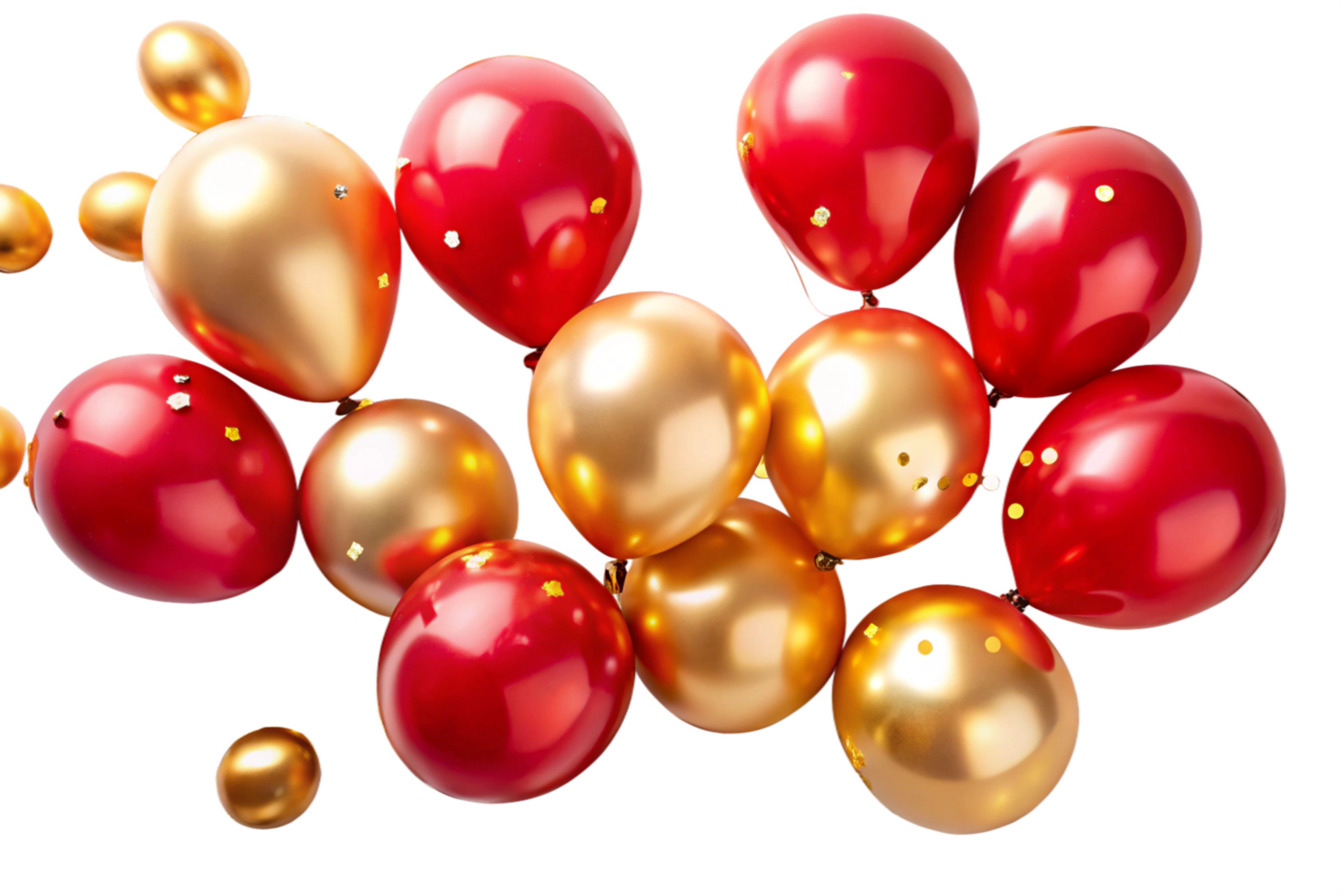 A cluster of red and gold balloons floating in the air with gold confetti png