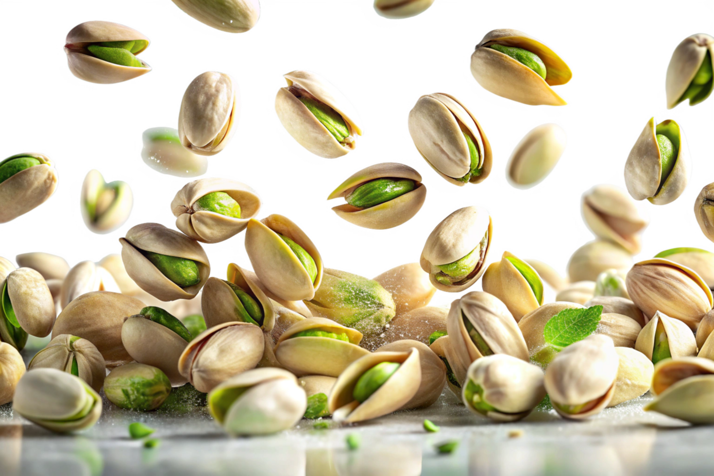 A delightful cascade of pistachios falling onto a surface with a hint of mint png