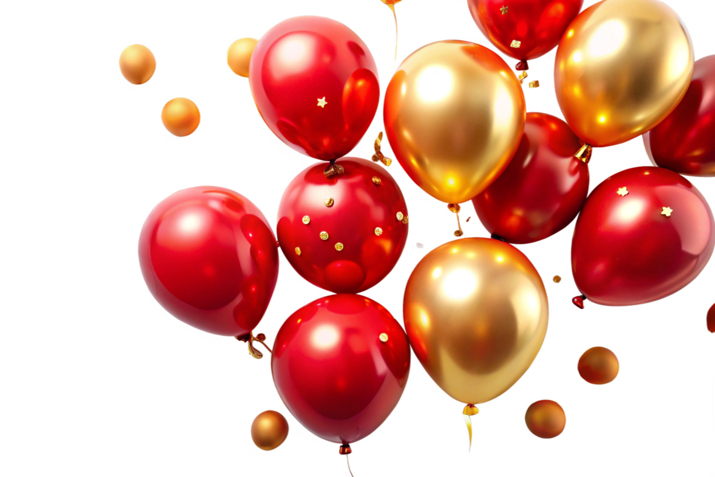 A Cluster of Red and Gold Balloons Floating in the Air with Confetti png