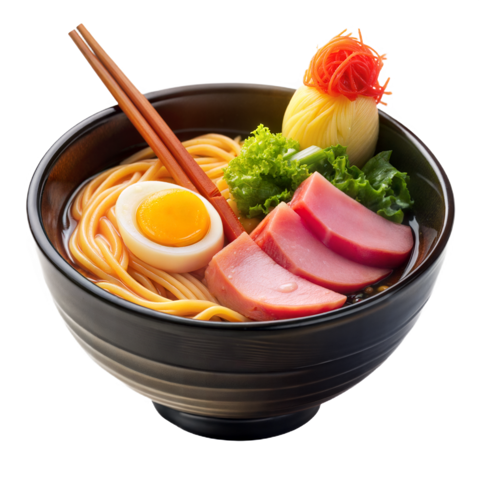 Delicious Japanese Ramen Noodle Soup with Egg Ham and Vegetables png