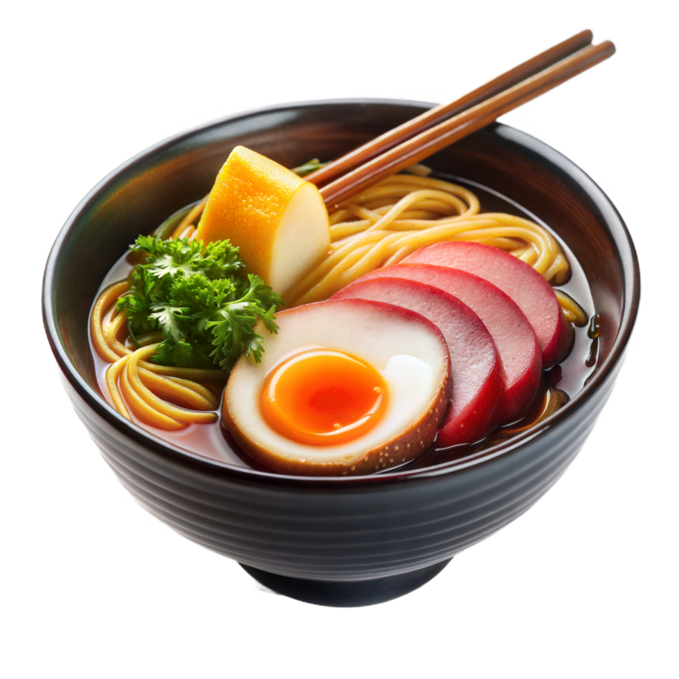 Delicious Japanese Ramen Noodle Soup with Soft Boiled Egg Slices of Kamaboko and Lemon png