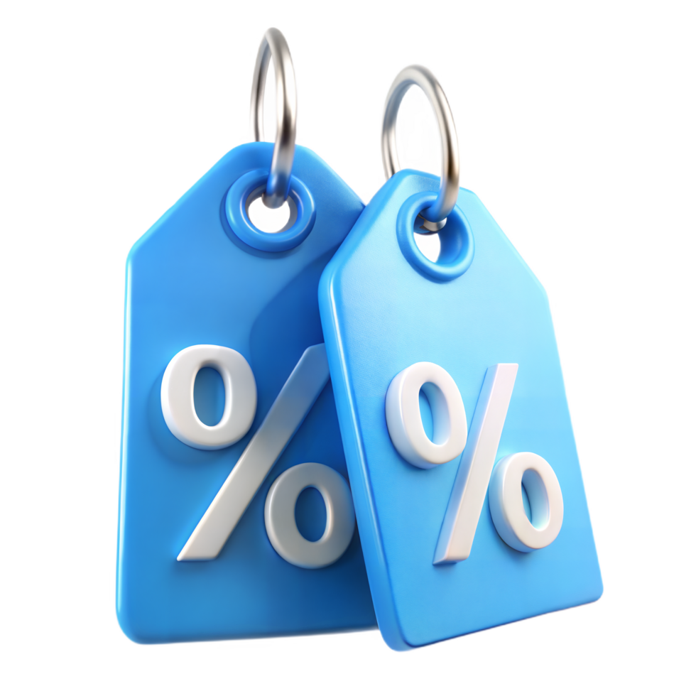 Two Blue 3D Rendered Percentage Discount Tags Hanging with Silver Rings png