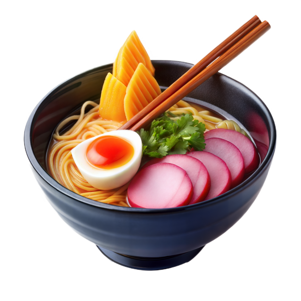 Delicious Japanese Ramen Noodle Soup with Soft Boiled Egg Pickled Radishes and Carrots png