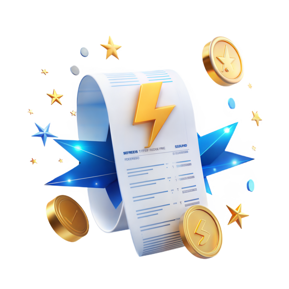 Electricity bill reward program 3D render with stars and coins png