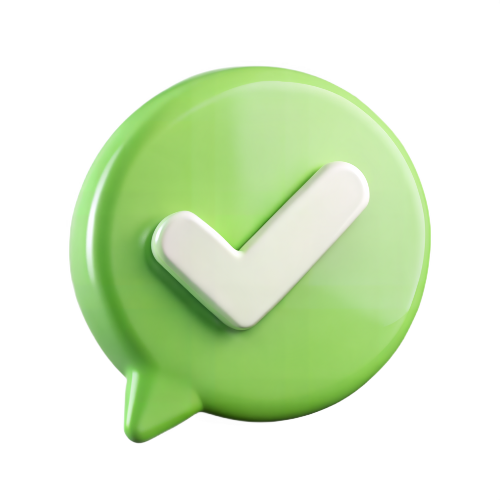 3D Render of a Green Check Mark in a Speech Bubble Representing Confirmation Success Approval and Completion png