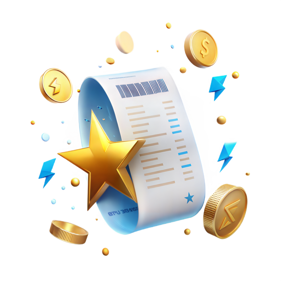 Reward Points Receipt with Golden Coins Stars and Lightning Bolts png