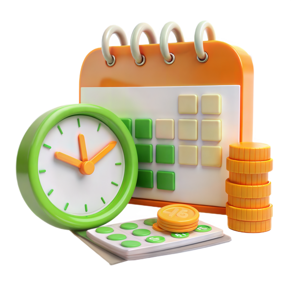 Time management financial planning calendar clock calculator and coins money savings budget expense tracker png