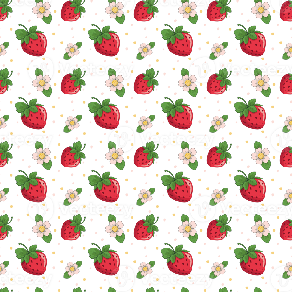 Strawberry seamless pattern. Repeating pattern with strawberries. Summer pattern on transparent background. Juicy red seamless strawberries with flowers png