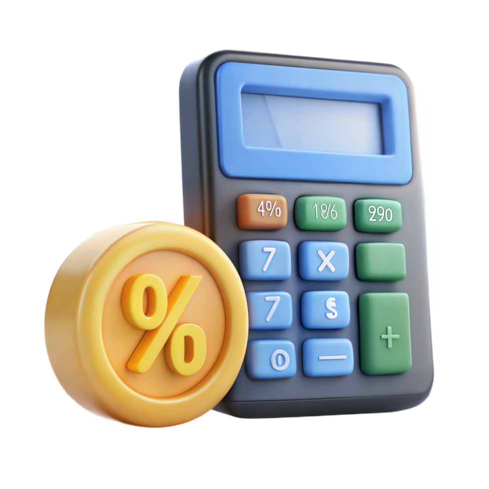 3D Render of Calculator and Percentage Symbol Illustrating Financial Calculations Interest Rates and Discounts png