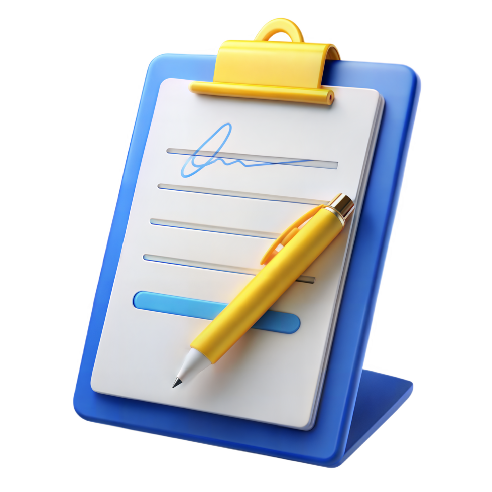 3D Render of a Blue Clipboard with a Yellow Pen and Signature png