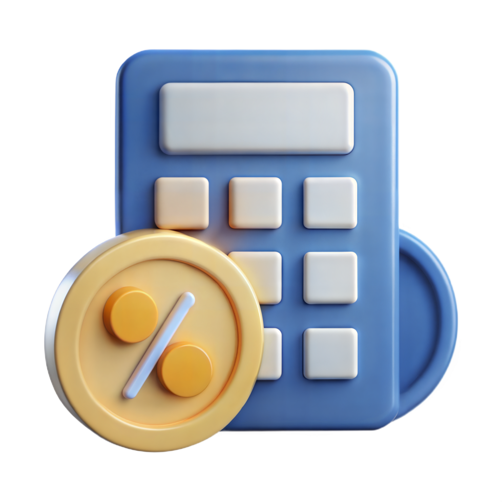 3D Render of a Calculator with a Percentage Symbol Coin Representing Discount Calculation and Financial Savings png
