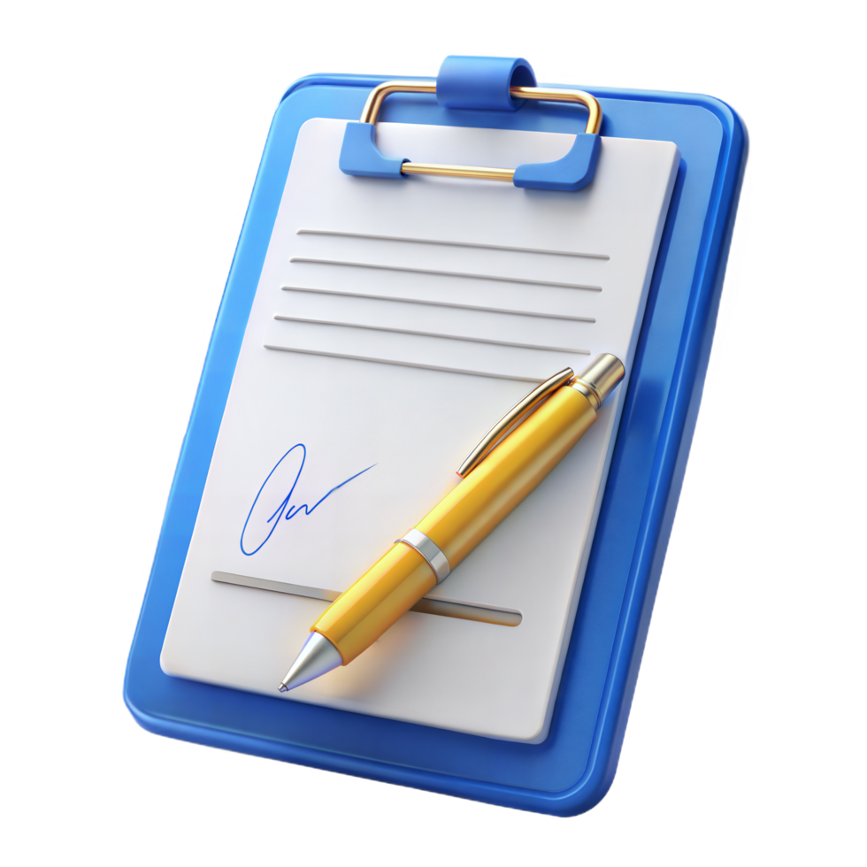 Blue Clipboard with Signed Document and Yellow Pen 3D Illustration png