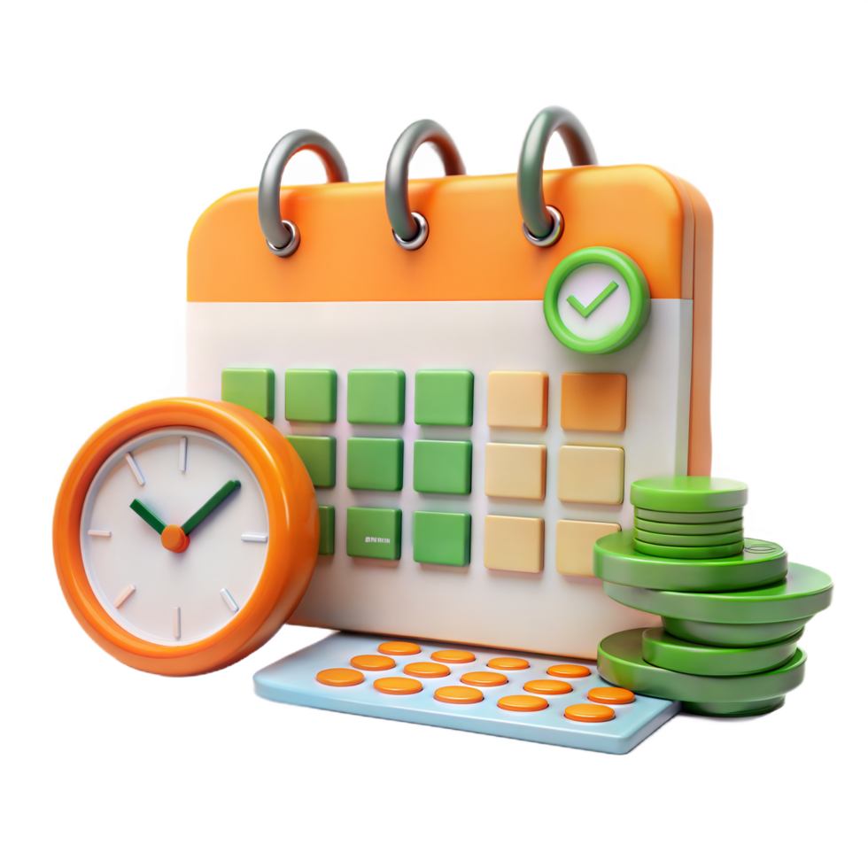 3D Render of Calendar Clock and Coins Representing Time Management and Financial Planning png