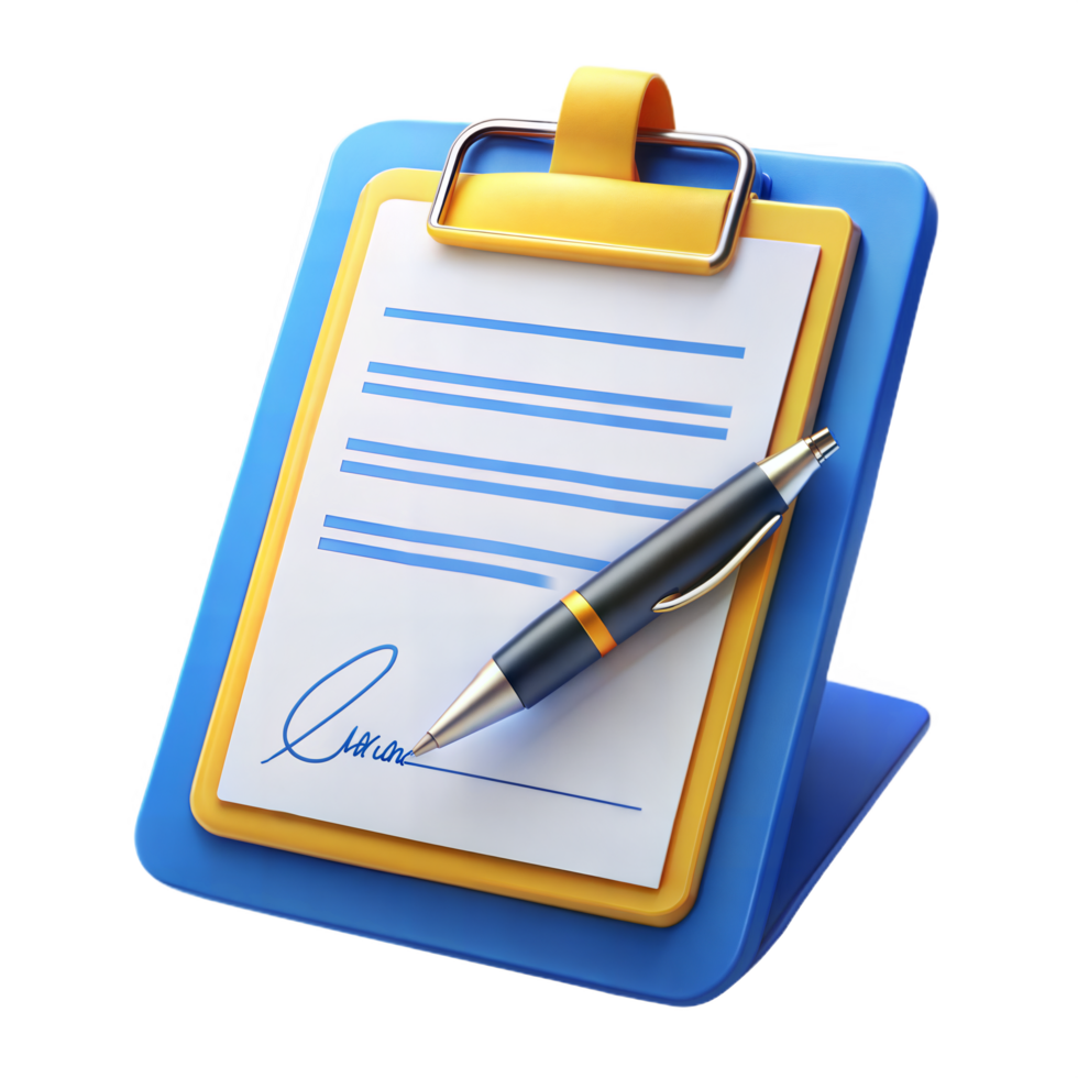 3D Render of a Blue and Yellow Clipboard with a Signed Document and Pen png