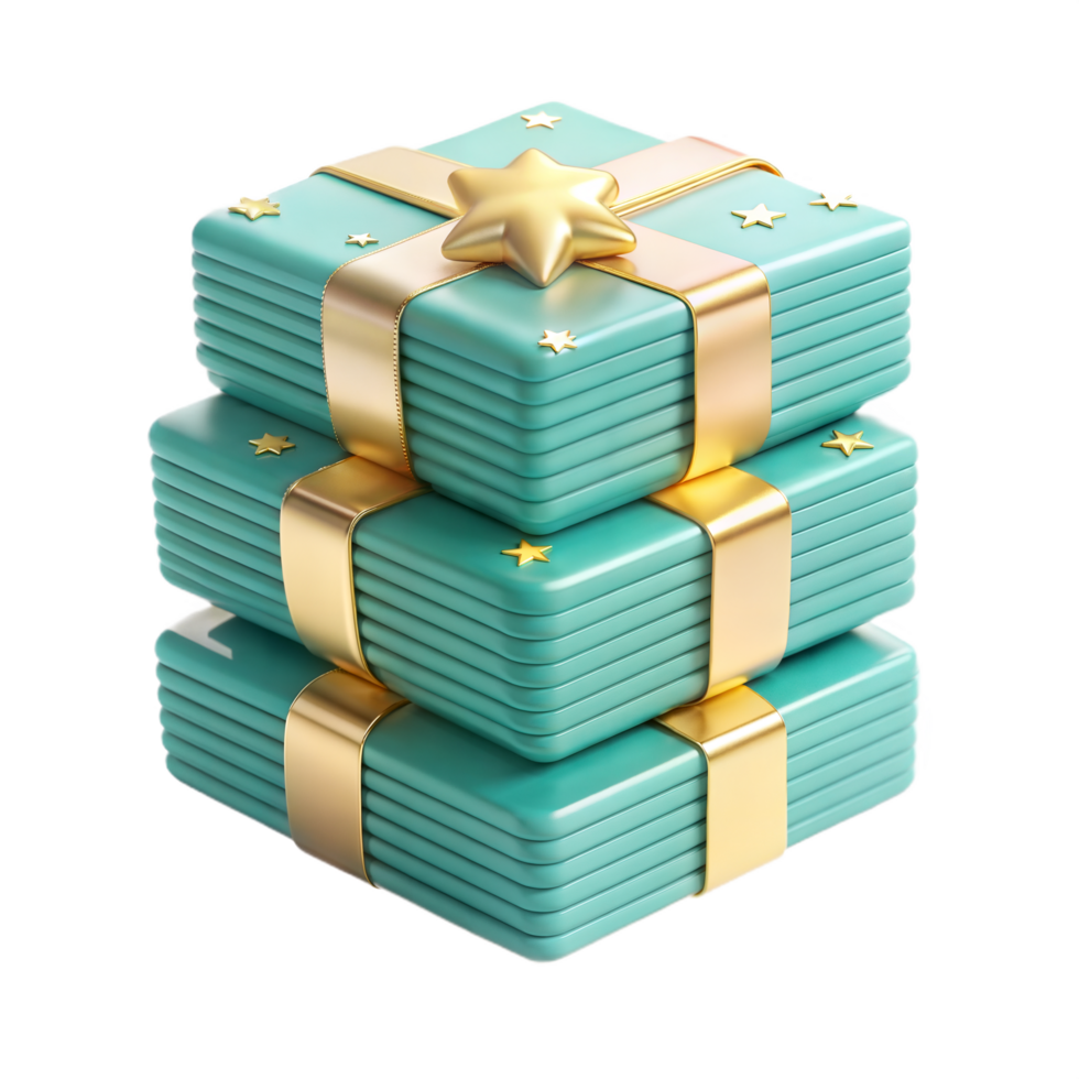 Stack of Teal Gift Boxes with Gold Ribbon and Stars 3D Render png