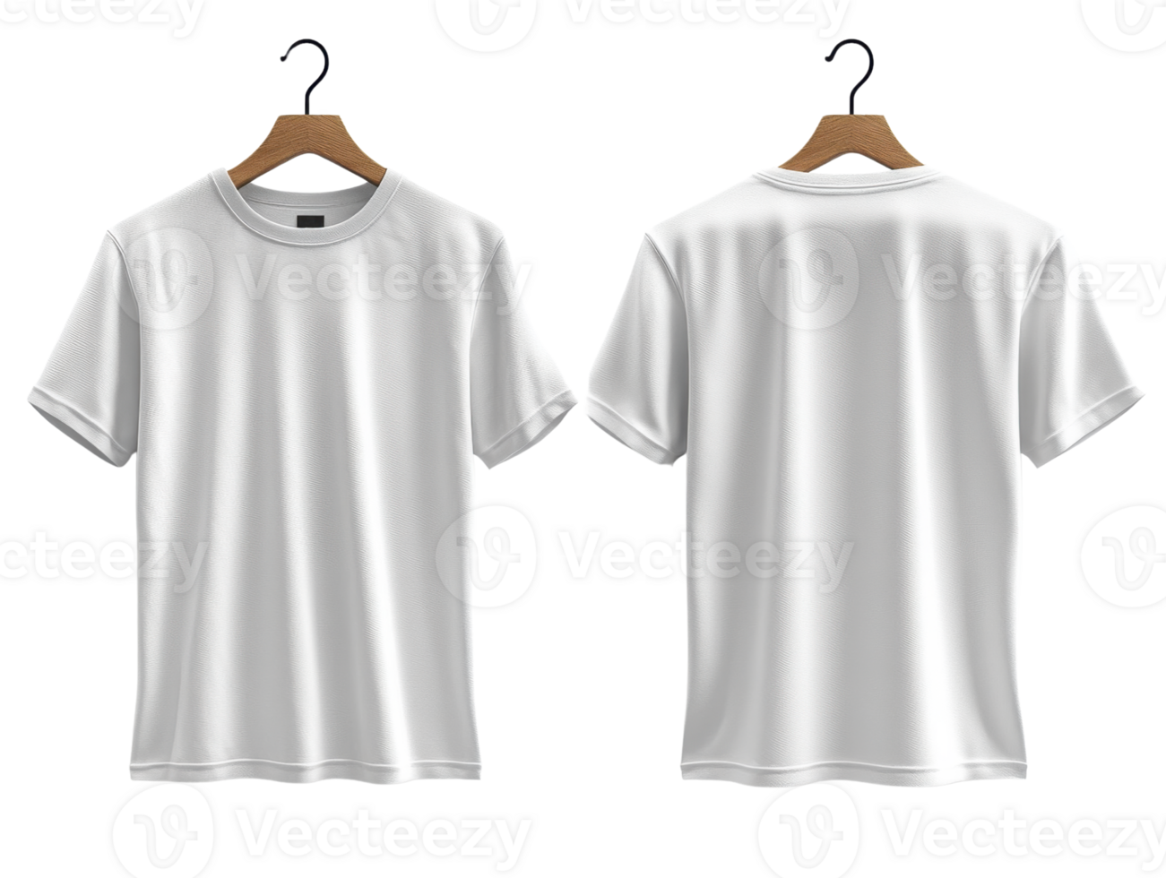 plain white t shirt displayed on hangers, showcasing both front and back views. Ideal for casual wear or branding opportunities png