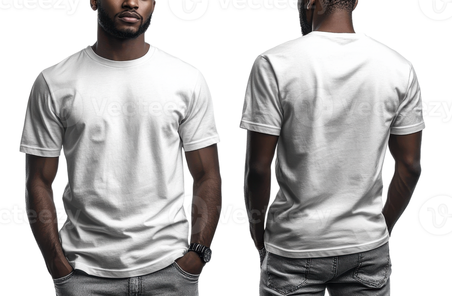 plain white t shirt displayed from front and back on male model, showcasing casual style png