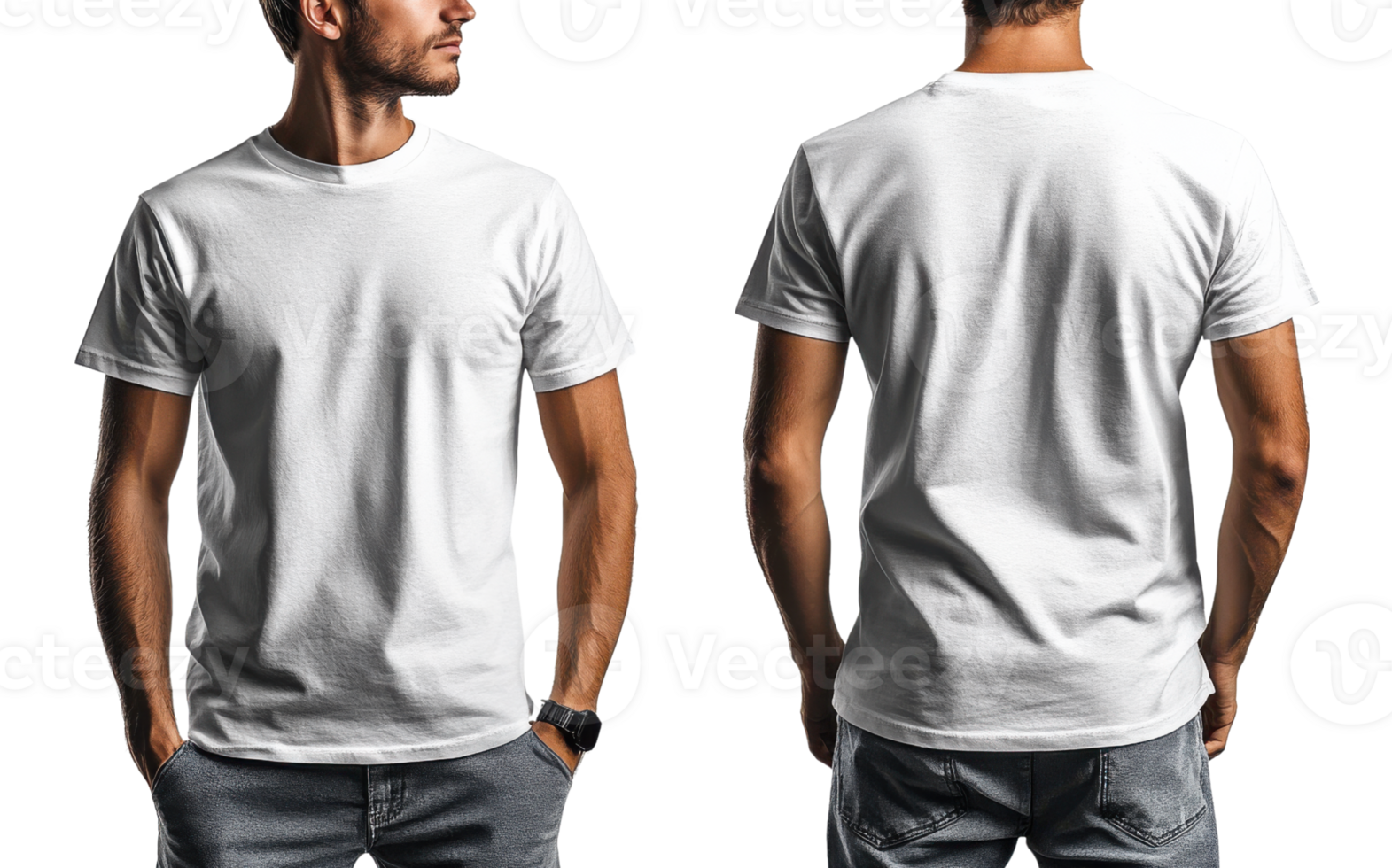 Man wearing white t shirt displayed from front and back, showcasing its simple design and versatility png