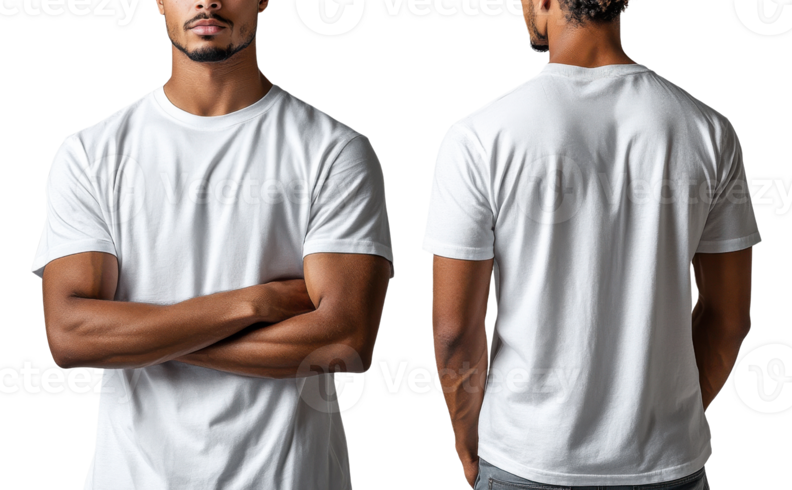 plain white t shirt displayed from front and back, showcasing its fit and style png