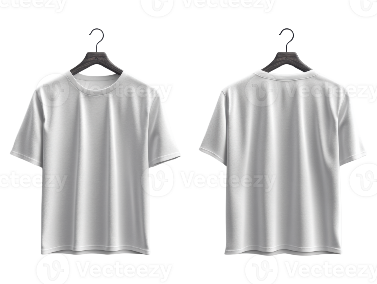 Plain white t shirt displayed on hangers, showcasing front and back views. Ideal for casual wear or custom designs png