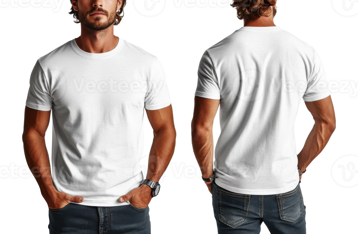 plain white t shirt displayed from front and back, showcasing its simple design and versatility. Perfect for casual wear or layering png