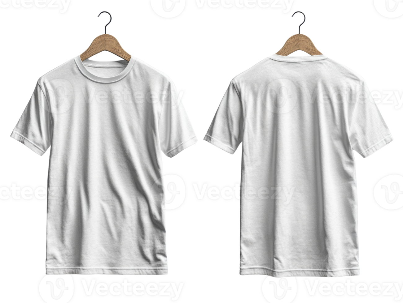plain white t shirt displayed from front and back on hangers, perfect for casual wear or customization png