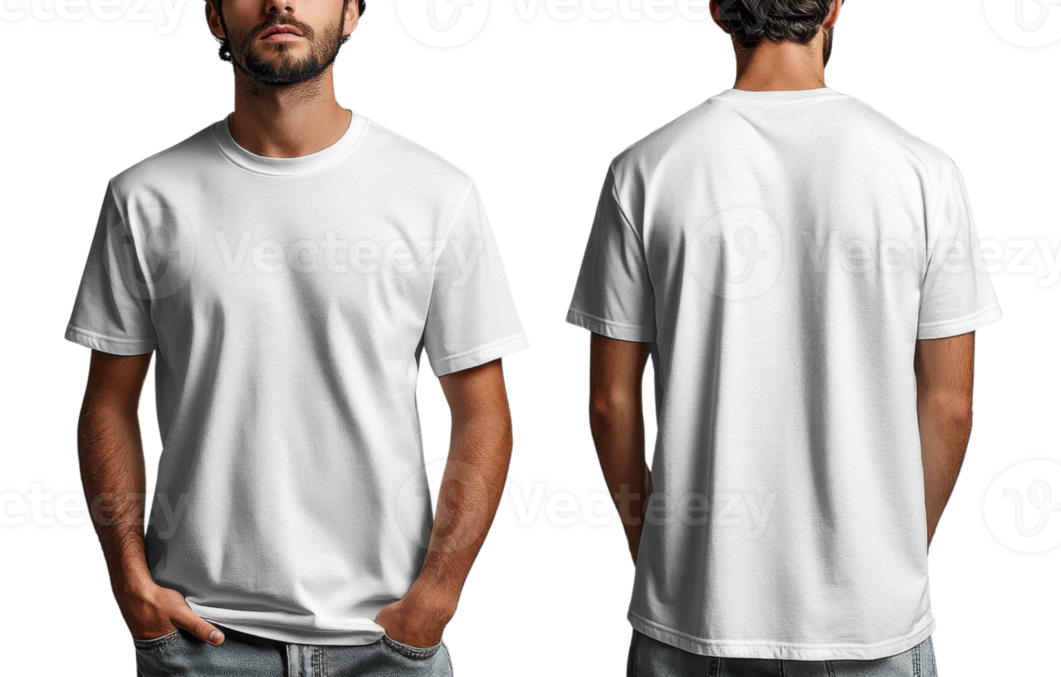 Man wearing plain white t shirt displayed from front and back, showcasing its simple design and versatility png
