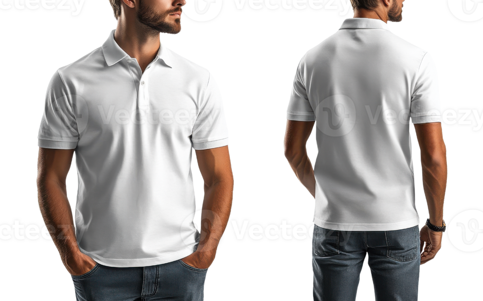 plain white polo shirt displayed from front and back, showcasing its simple design and versatility. Perfect for casual or semi formal occasions png