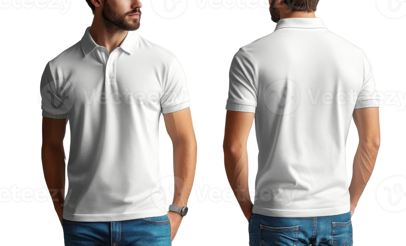 plain white polo shirt displayed from front and back, showcasing its simple design and fit png