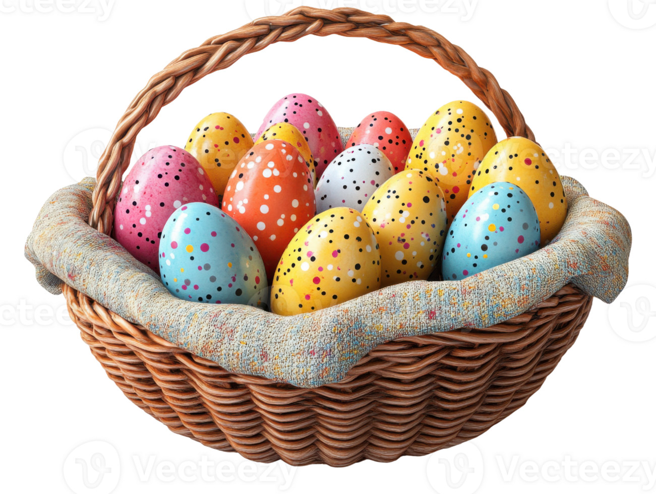 Colorful Easter eggs in woven basket, perfect for spring celebrations png
