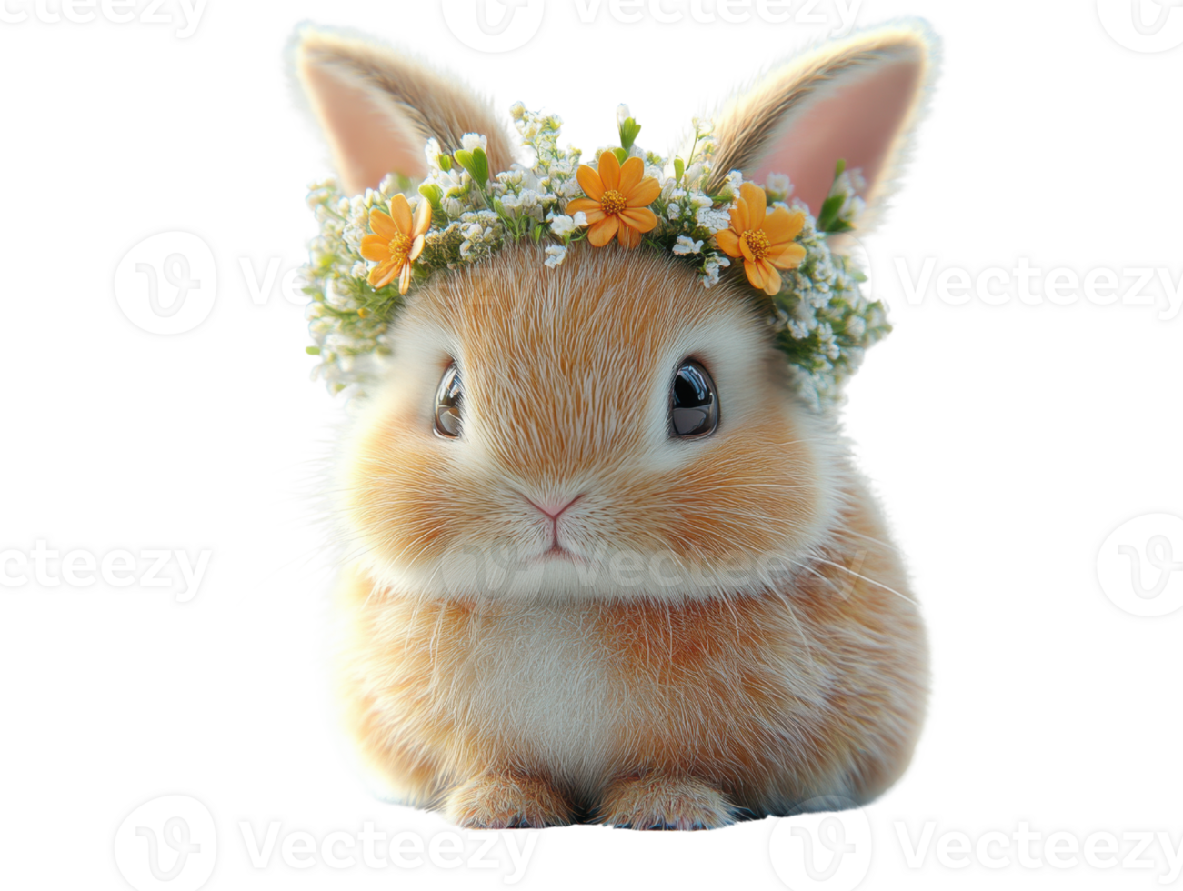 Cute rabbit wearing flower crown, showcasing joyful expression and fluffy fur. Perfect for spring themes and animal lovers png