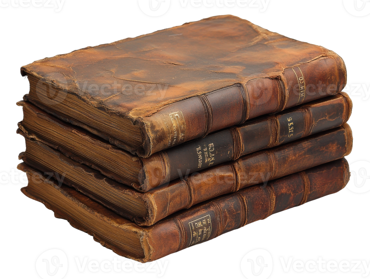 Old leather bound books stacked together, showcasing their worn covers and aged pages, evoke sense of history and nostalgia png