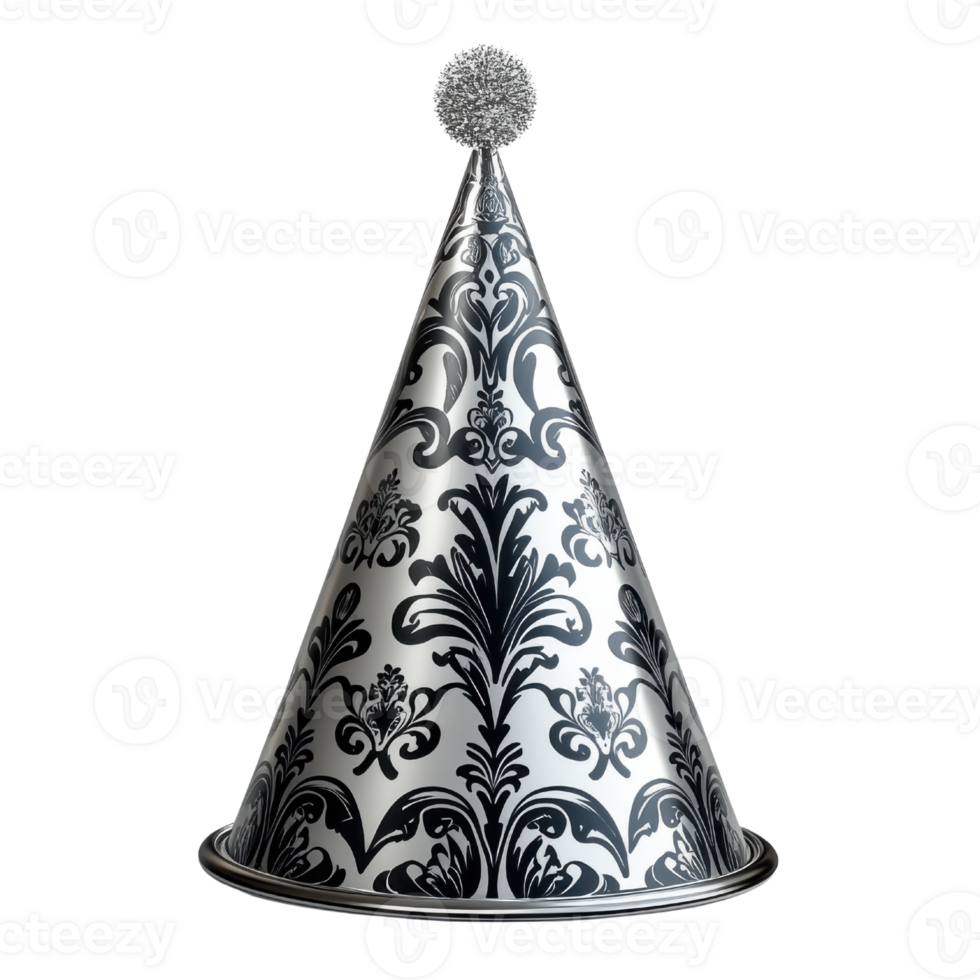 decorative party hat with intricate silver patterns and pom pom on top, perfect for celebrations and festive occasions png