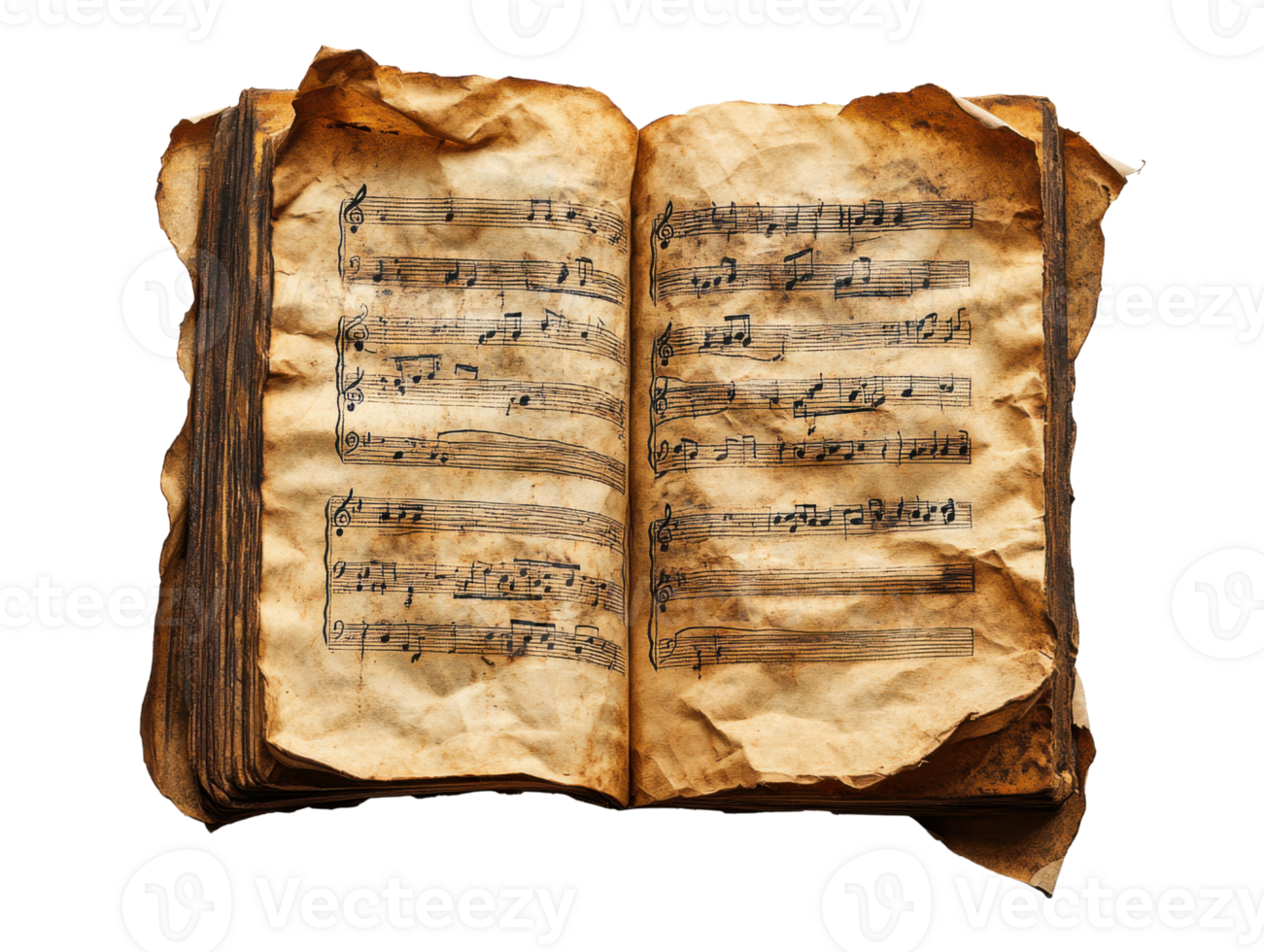 Old music book with worn pages and sheet music png